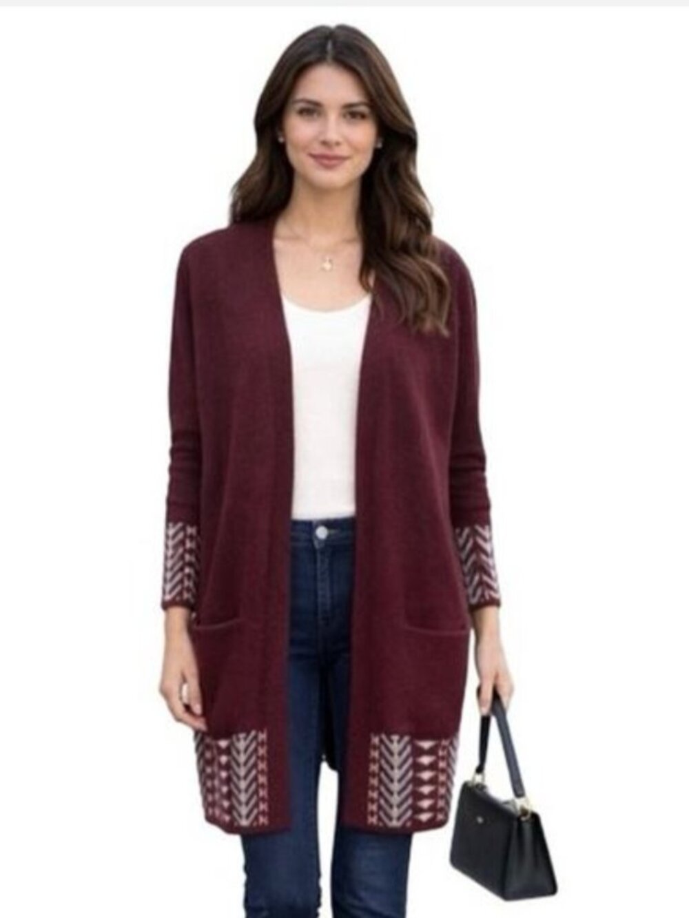 Frye Aztec Southwestern Cardigan Sweater M Burgundy Open Front Boho Cozy